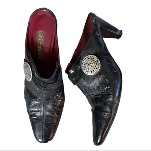 Brighton Romeo Black Croc Embossed Leather Heeled Mules